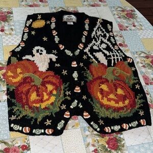Vintage Tiara Black Orange ghosts Halloween pumpkins Cardigan Sweater vest